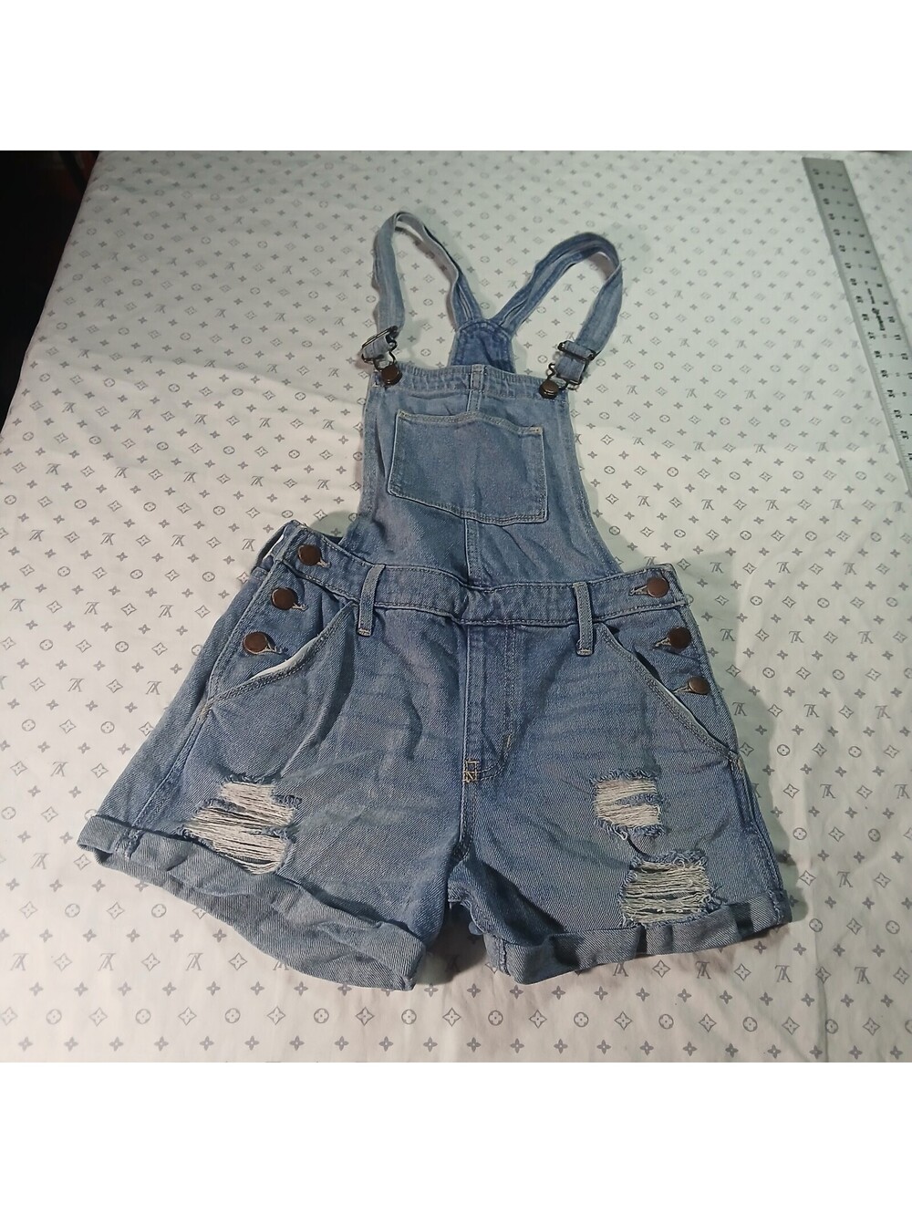 Hollister Denim Shortalls Light Wash Distressed Bib Overalls Y2K Retro XS